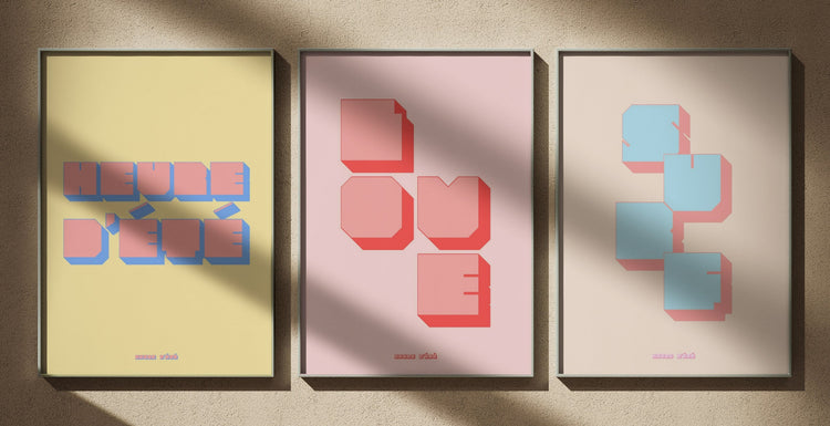 Triptyque Big in Retro : Affiche Heure d'été ; Affiche murale Love ; Affiche lettrage Surf. Affiches encadrées, édition Heure d'été