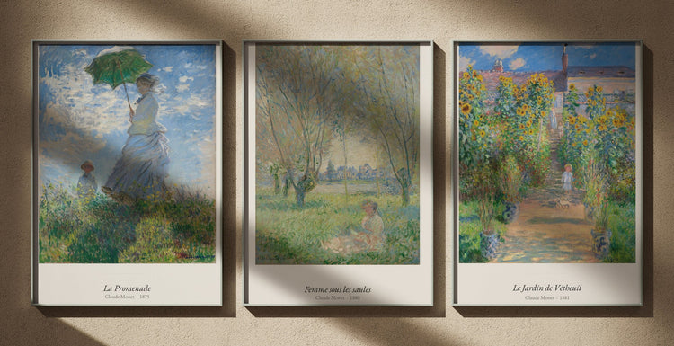 Triptyque Claude Monet : La Promenade, Claude Monet ; Femme sous les saules, Claude Monet ; Le Jardin de Vétheuil, Claude Monet. Affiches encadrées, édition Heure d'été