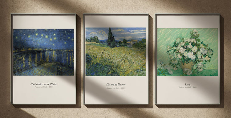 Triptyque Vincent Van Gogh : Nuit étoilée sur le Rhône, Van Gogh ; Champ de blé vert, Vincent van Gogh ; Roses, Vincent van Gogh. Affiches encadrées, édition Heure d'été
