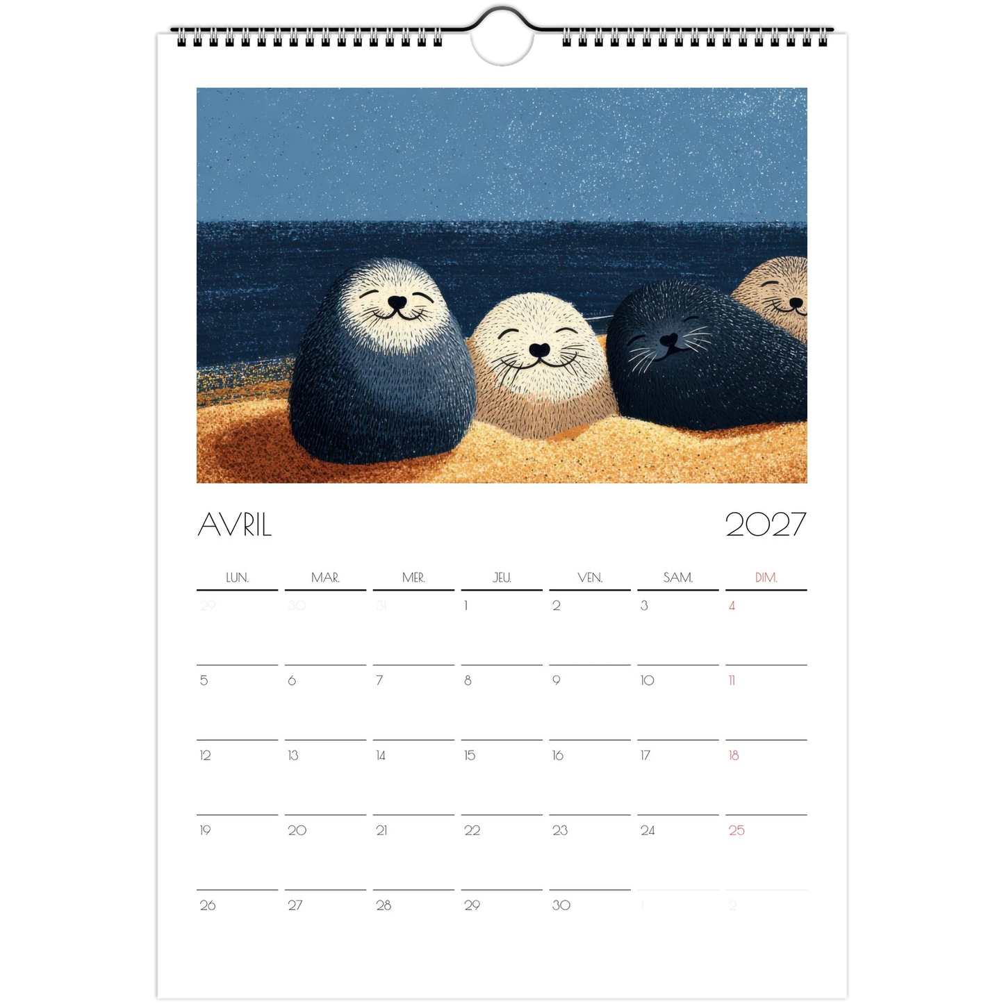 Avril 2027 du calendrier enfant, des phoques endormis serrés sur le sable