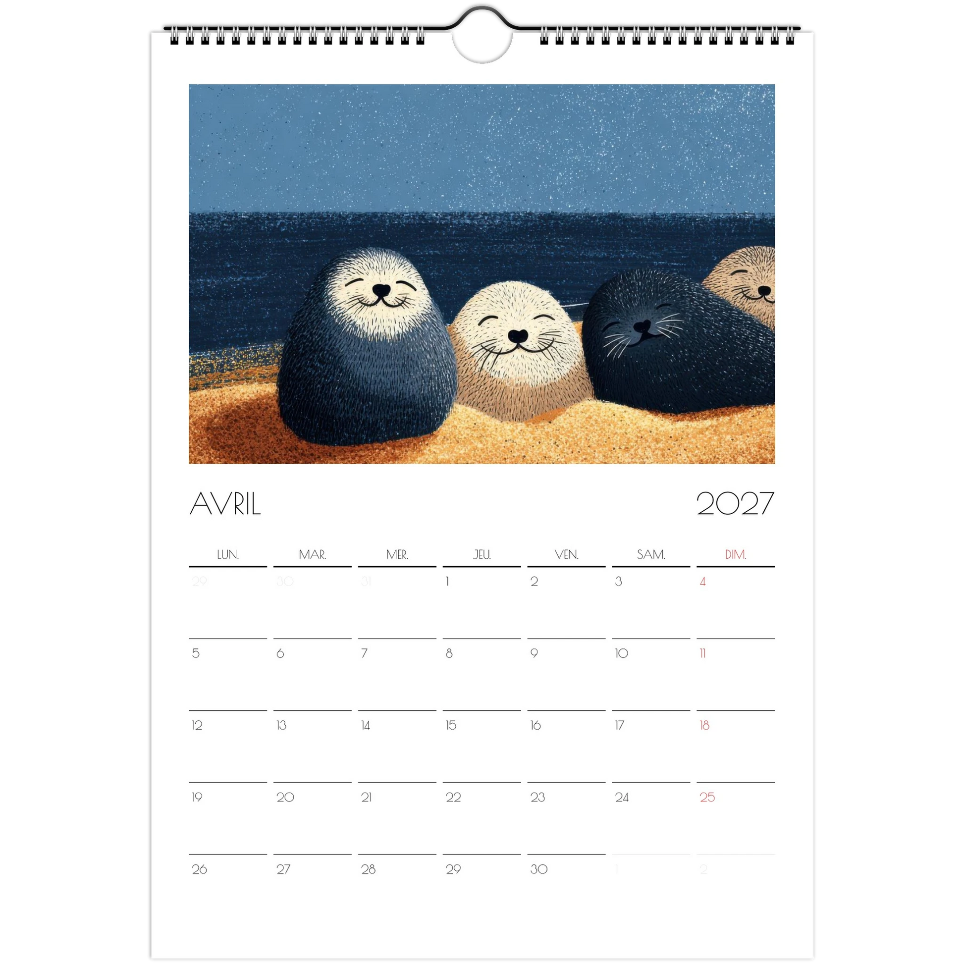 Avril 2027 du calendrier enfant, des phoques endormis serrés sur le sable