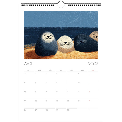 Avril 2027 du calendrier enfant, des phoques endormis serrés sur le sable
