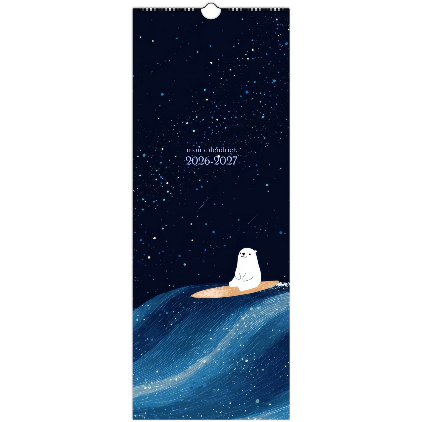 Calendrier enfant 2026 2027 au format bandeau 14,8 x 40 cm, couverture Les animaux endormis