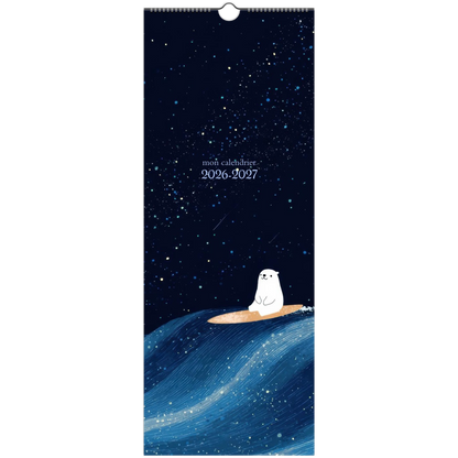 Calendrier enfant 2026 2027 au format bandeau 14,8 x 40 cm, couverture Les animaux endormis
