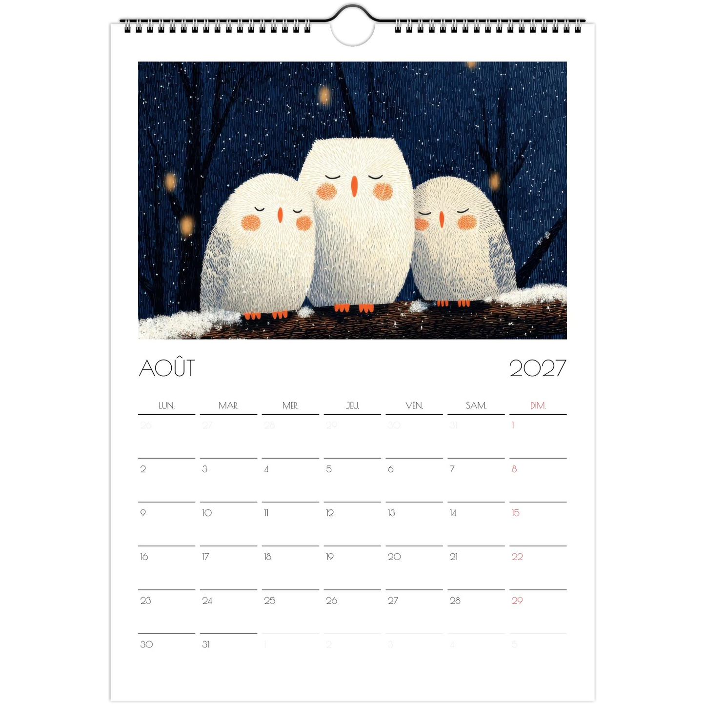 Août 2027 du calendrier enfant, trois chouettes blanches endormies sur une branche enneigée