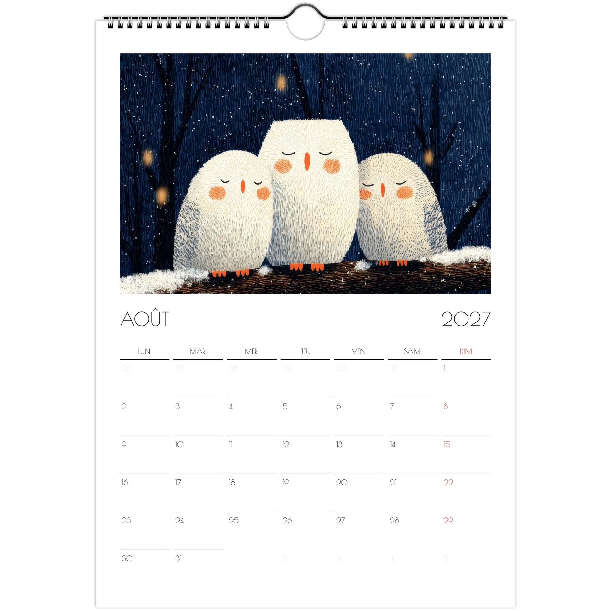 Août 2027 du calendrier enfant, trois chouettes blanches endormies sur une branche enneigée