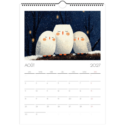 Août 2027 du calendrier enfant, trois chouettes blanches endormies sur une branche enneigée