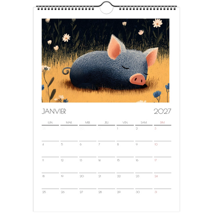 Janvier 2027 du calendrier enfant, un cochon endormi dans l'herbe haute et les marguerites
