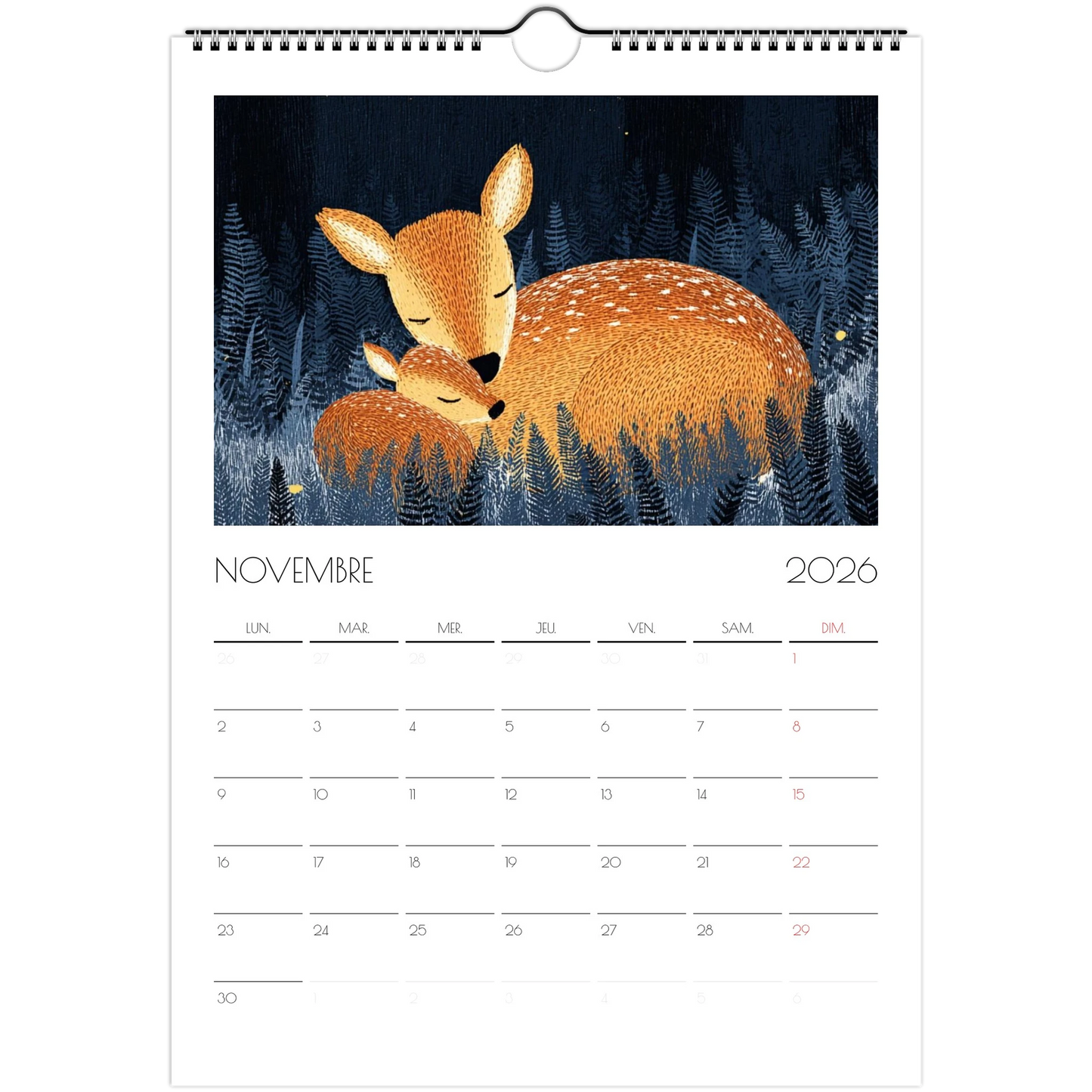 Novembre 2026 du calendrier enfant, une biche et son faon endormis dans la forêt