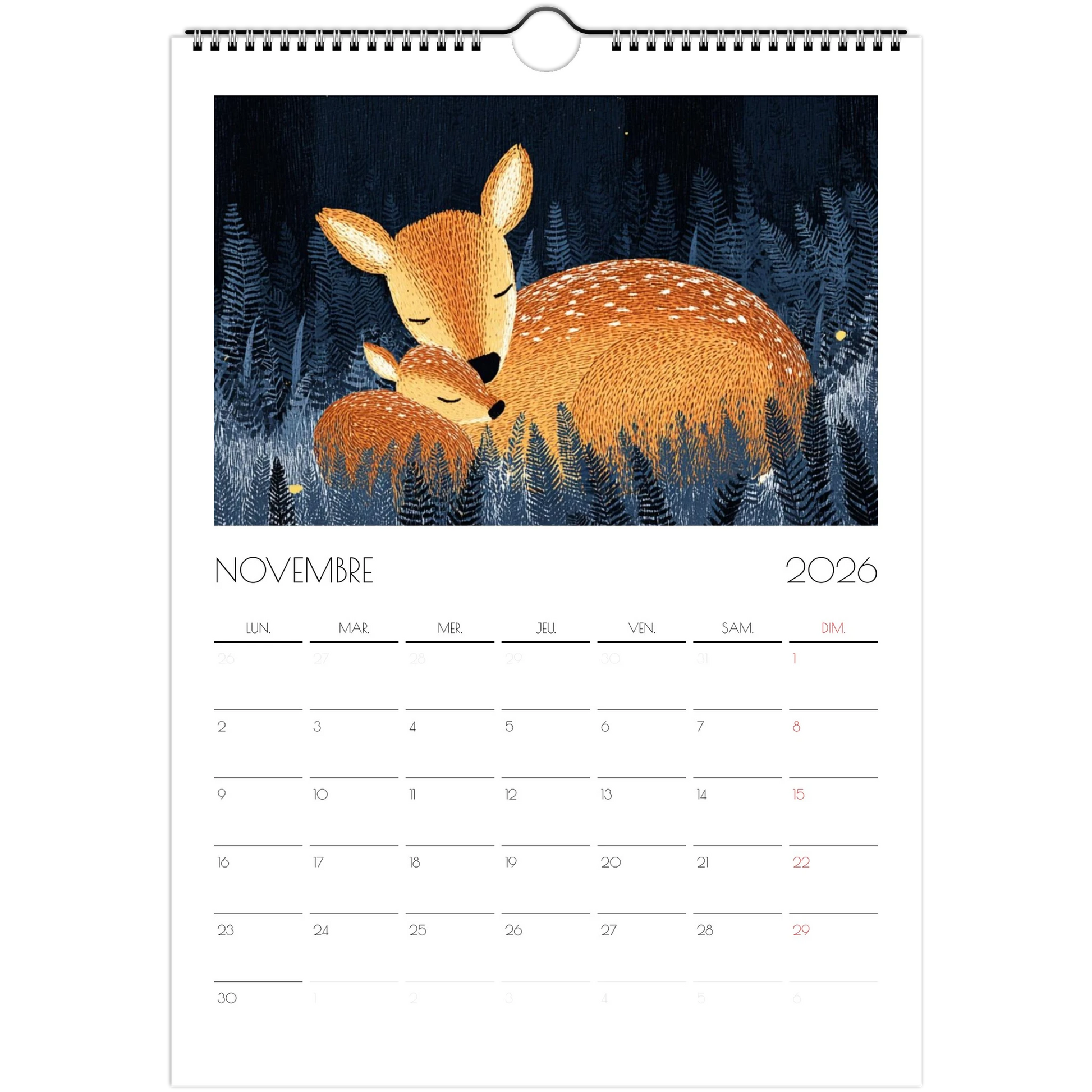 Novembre 2026 du calendrier enfant, une biche et son faon endormis dans la forêt