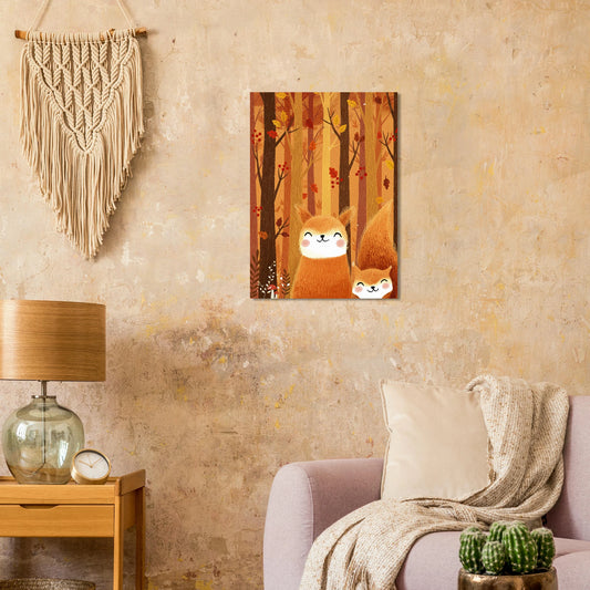 Cozy living room with cute fox art, macrame wall hanging, and neutral decor