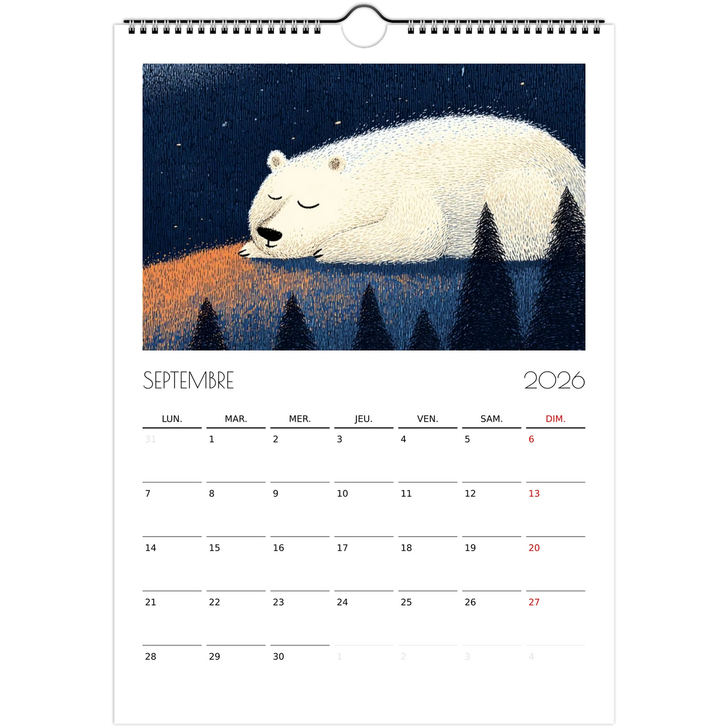 Septembre 2026 du calendrier enfant, un ours polaire endormi sur la neige devant des sapins