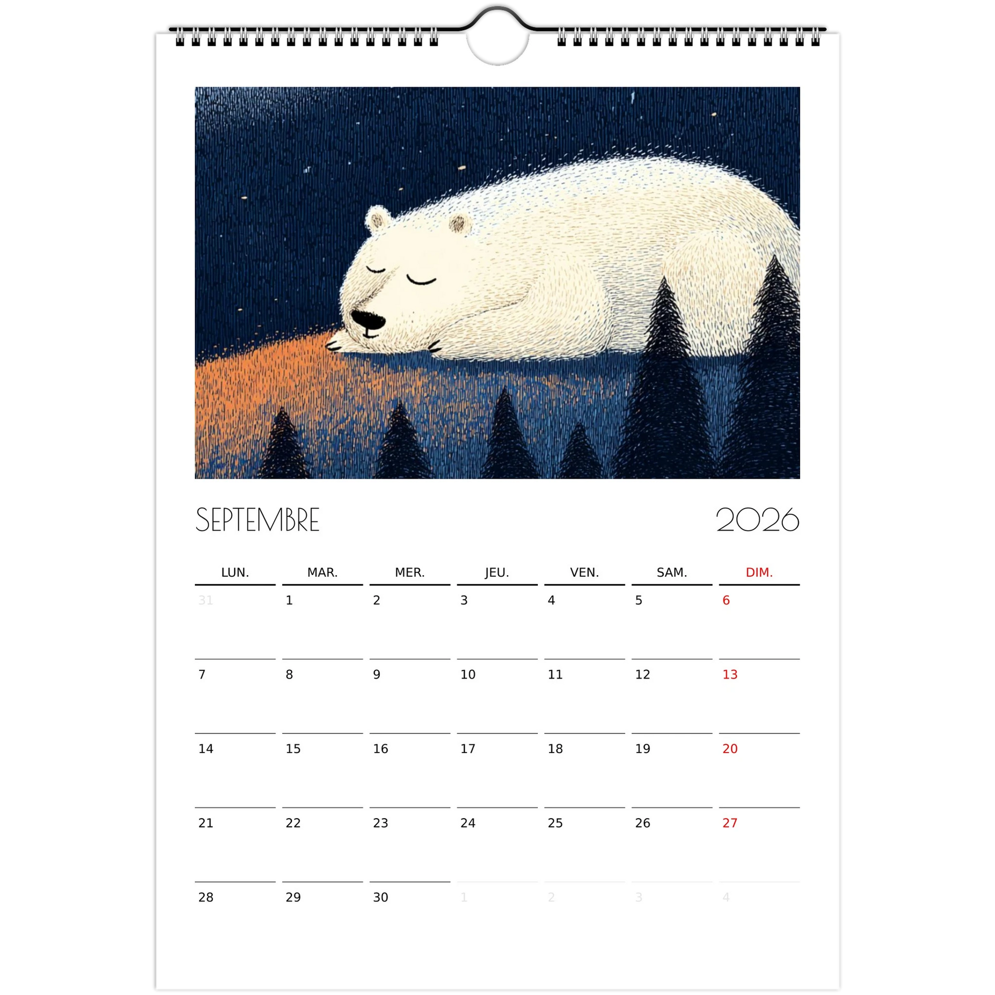 Septembre 2026 du calendrier enfant, un ours polaire endormi sur la neige devant des sapins