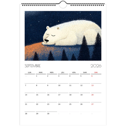 Septembre 2026 du calendrier enfant, un ours polaire endormi sur la neige devant des sapins
