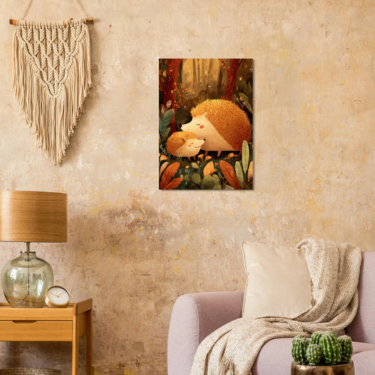 Cozy living room with wall art of two hedgehogs in a forest, macrame, and soft earth tones