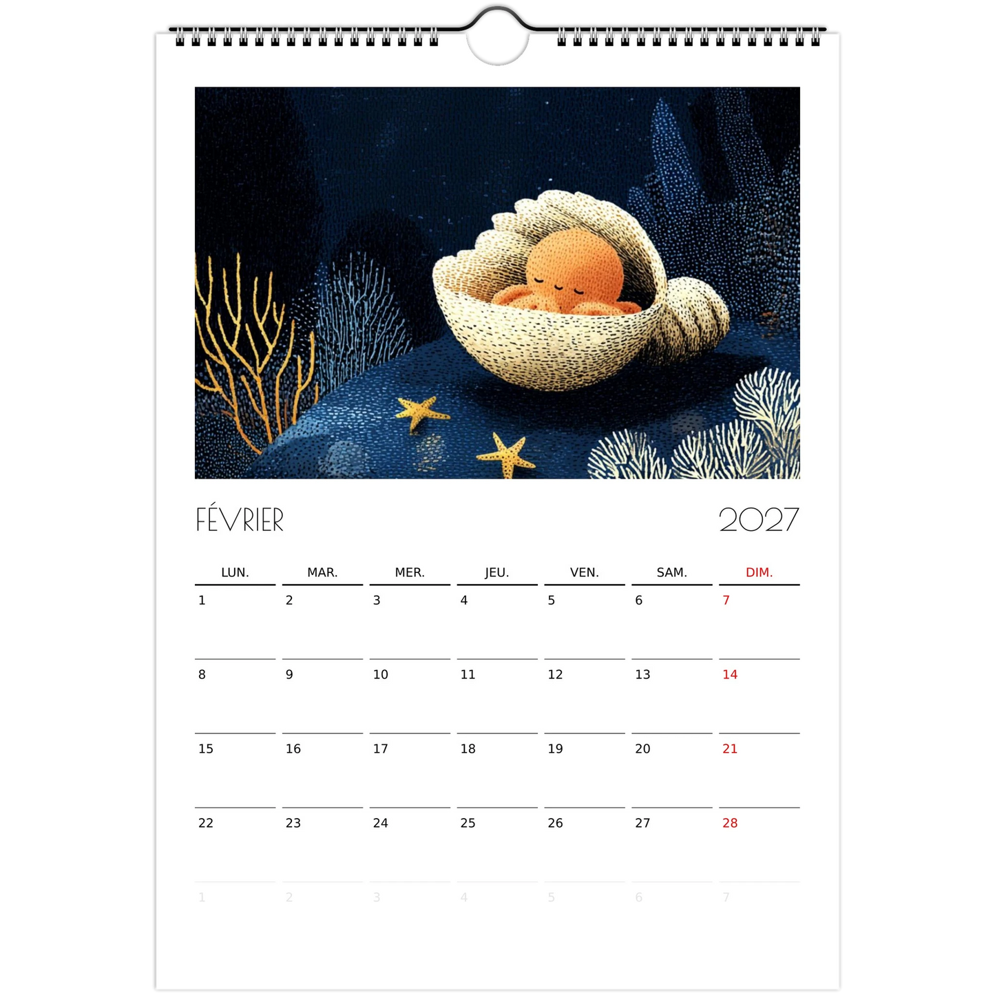 Février 2027 du calendrier enfant, une petite pieuvre orange endormie dans un coquillage
