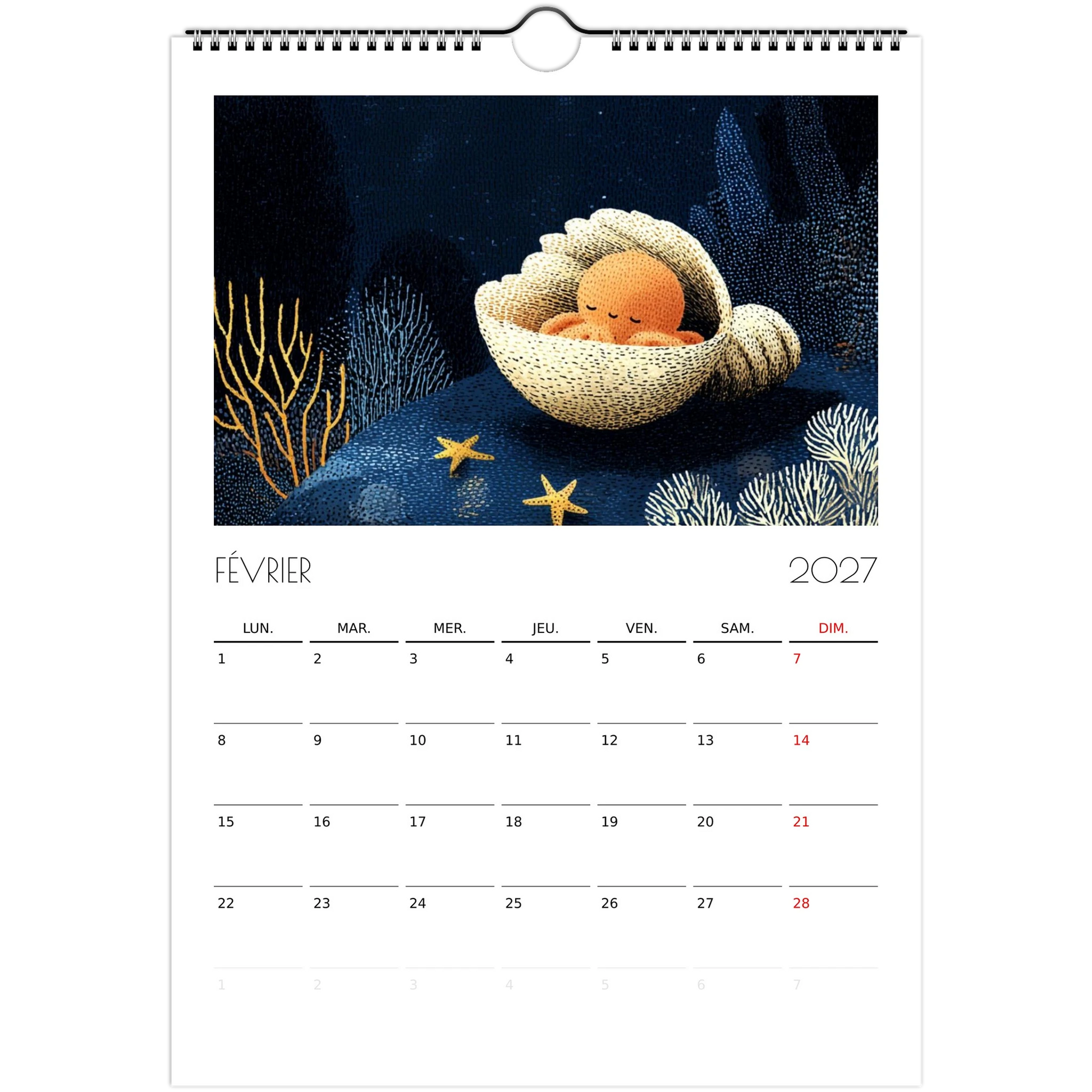 Février 2027 du calendrier enfant, une petite pieuvre orange endormie dans un coquillage