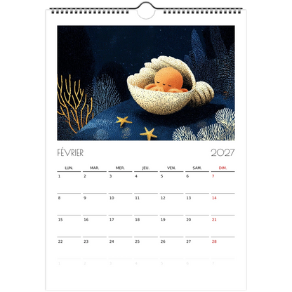 Février 2027 du calendrier enfant, une petite pieuvre orange endormie dans un coquillage