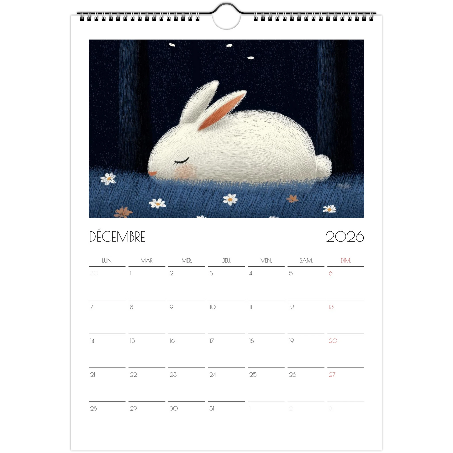 Décembre 2026 du calendrier enfant, un lapin blanc endormi parmi les petites fleurs