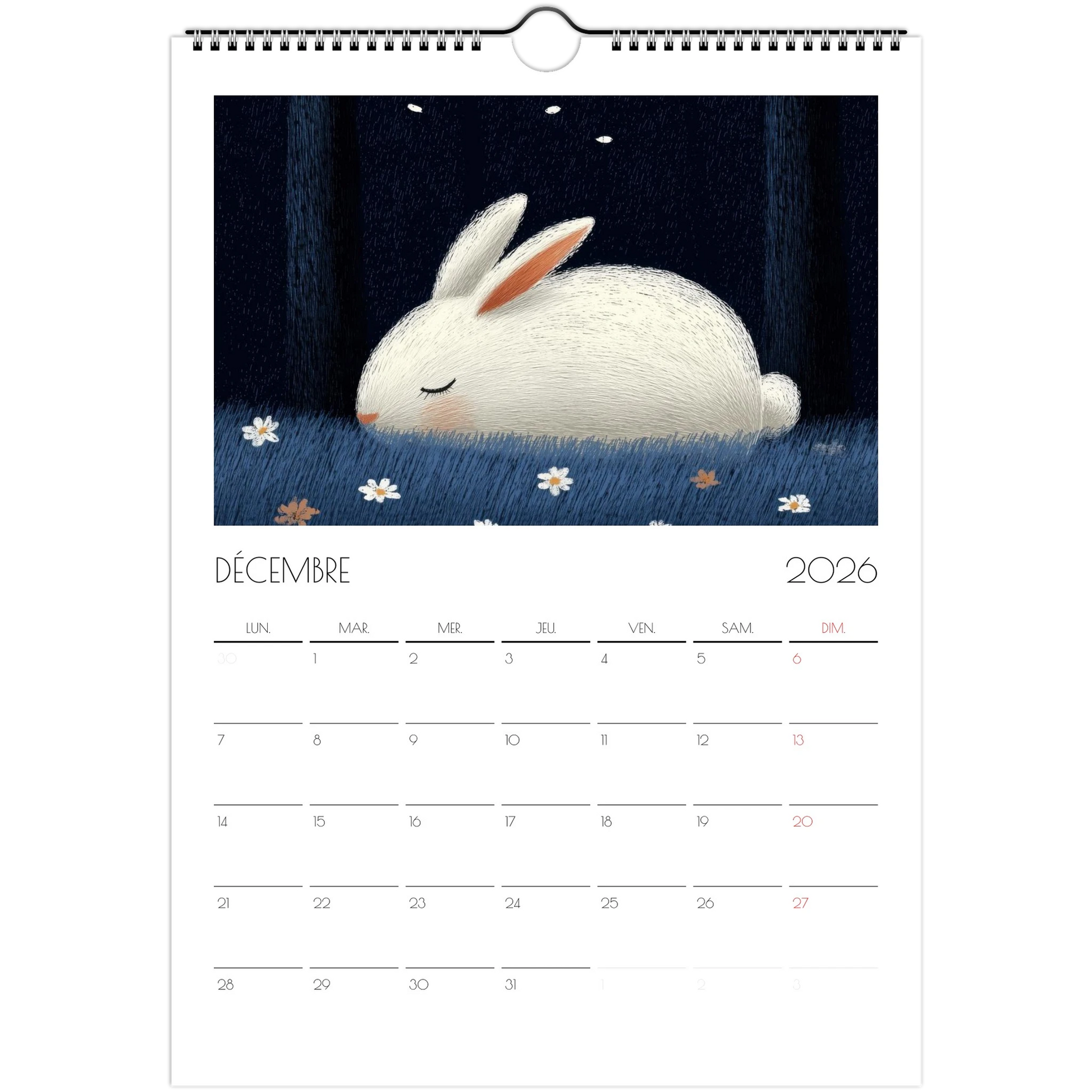 Décembre 2026 du calendrier enfant, un lapin blanc endormi parmi les petites fleurs
