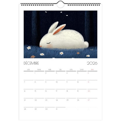 Décembre 2026 du calendrier enfant, un lapin blanc endormi parmi les petites fleurs