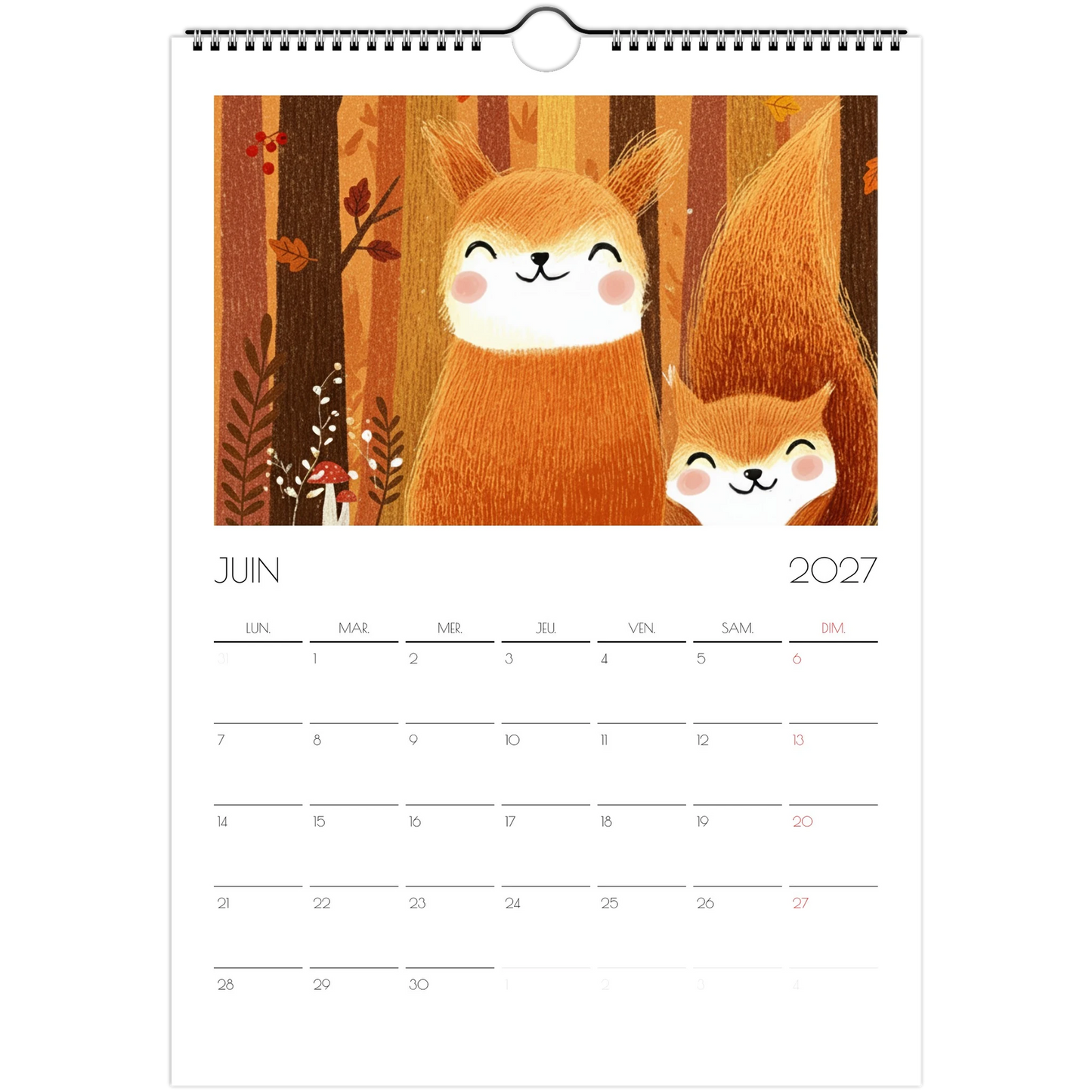 Juin 2027 du calendrier enfant, deux écureuils roux endormis dans la forêt