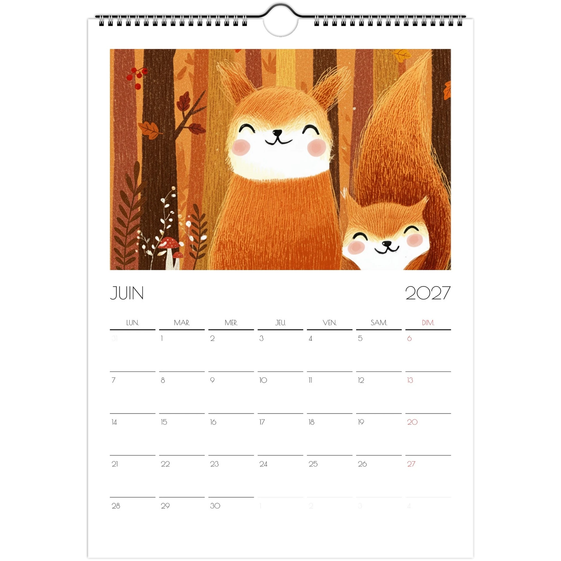 Juin 2027 du calendrier enfant, deux écureuils roux endormis dans la forêt