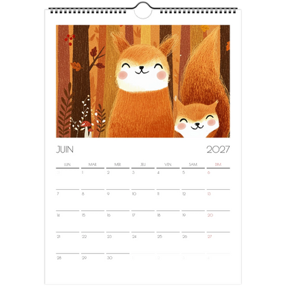 Juin 2027 du calendrier enfant, deux écureuils roux endormis dans la forêt