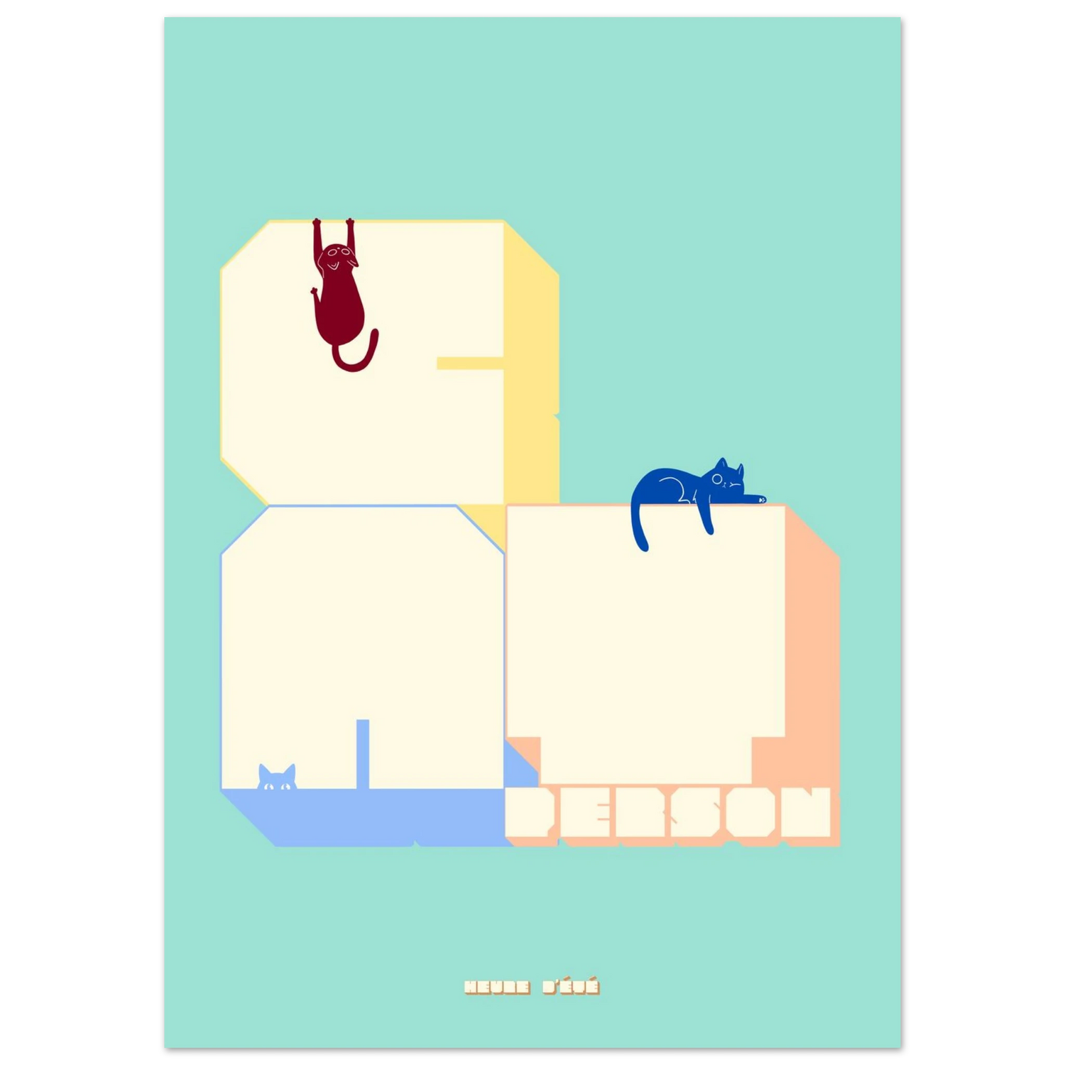 Minimalist cat art poster with geometric cats on pastel blocks, playful modern wall decor