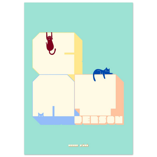 Minimalist cat art poster with geometric cats on pastel blocks, playful modern wall decor