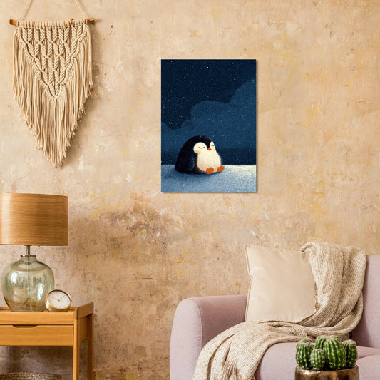 Cozy living room with macramé wall hanging, penguin art, and pastel decor