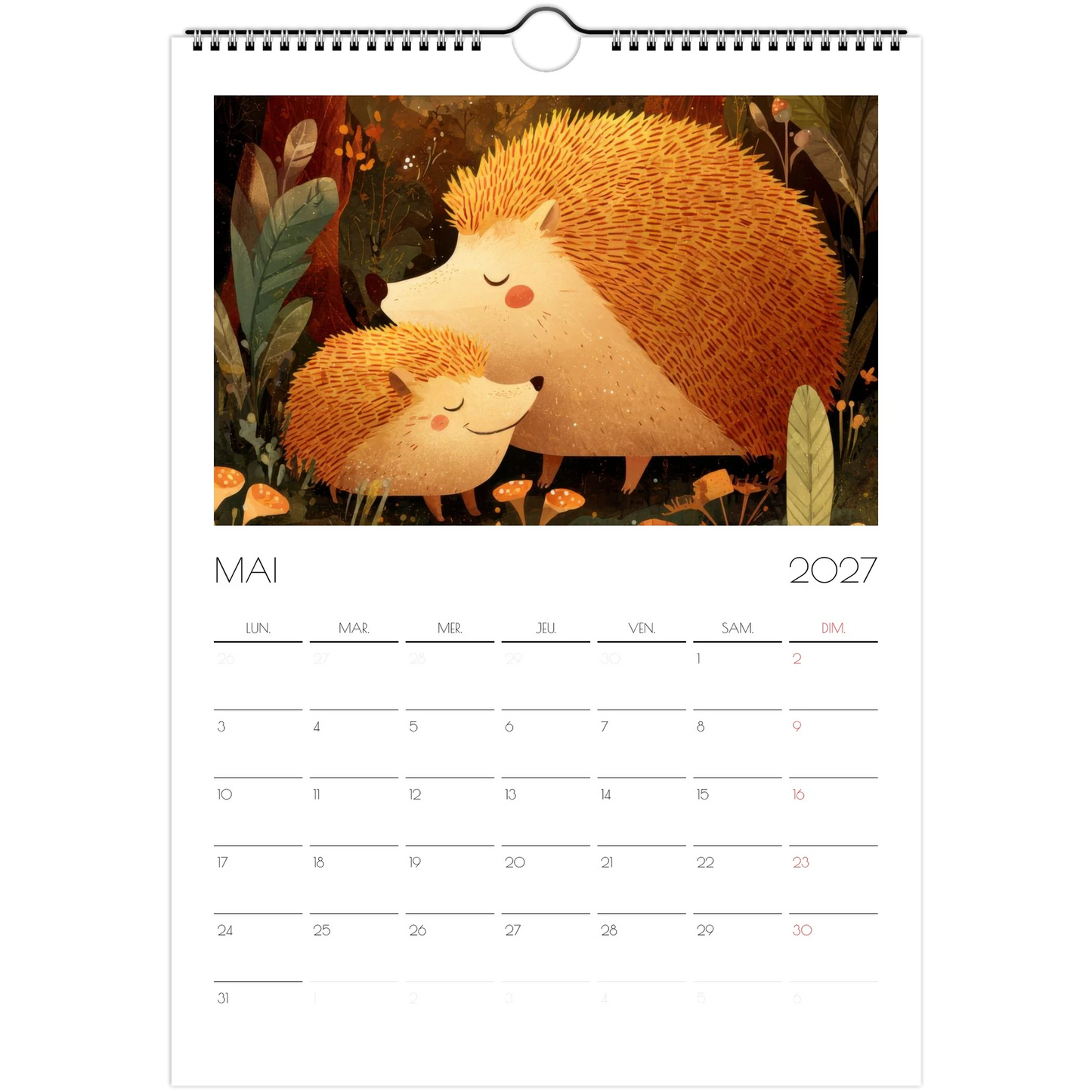 Mai 2027 du calendrier enfant, deux hérissons endormis dans les feuilles