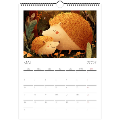 Mai 2027 du calendrier enfant, deux hérissons endormis dans les feuilles