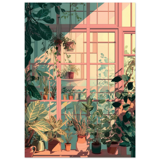 Affiche murale représentant un atelier de jardinier.
Plantes, ombres nettes, ambiance graphique et ordonnée.
Un visuel nature, décoratif, pour apporter du vert et du calme à l’espace.