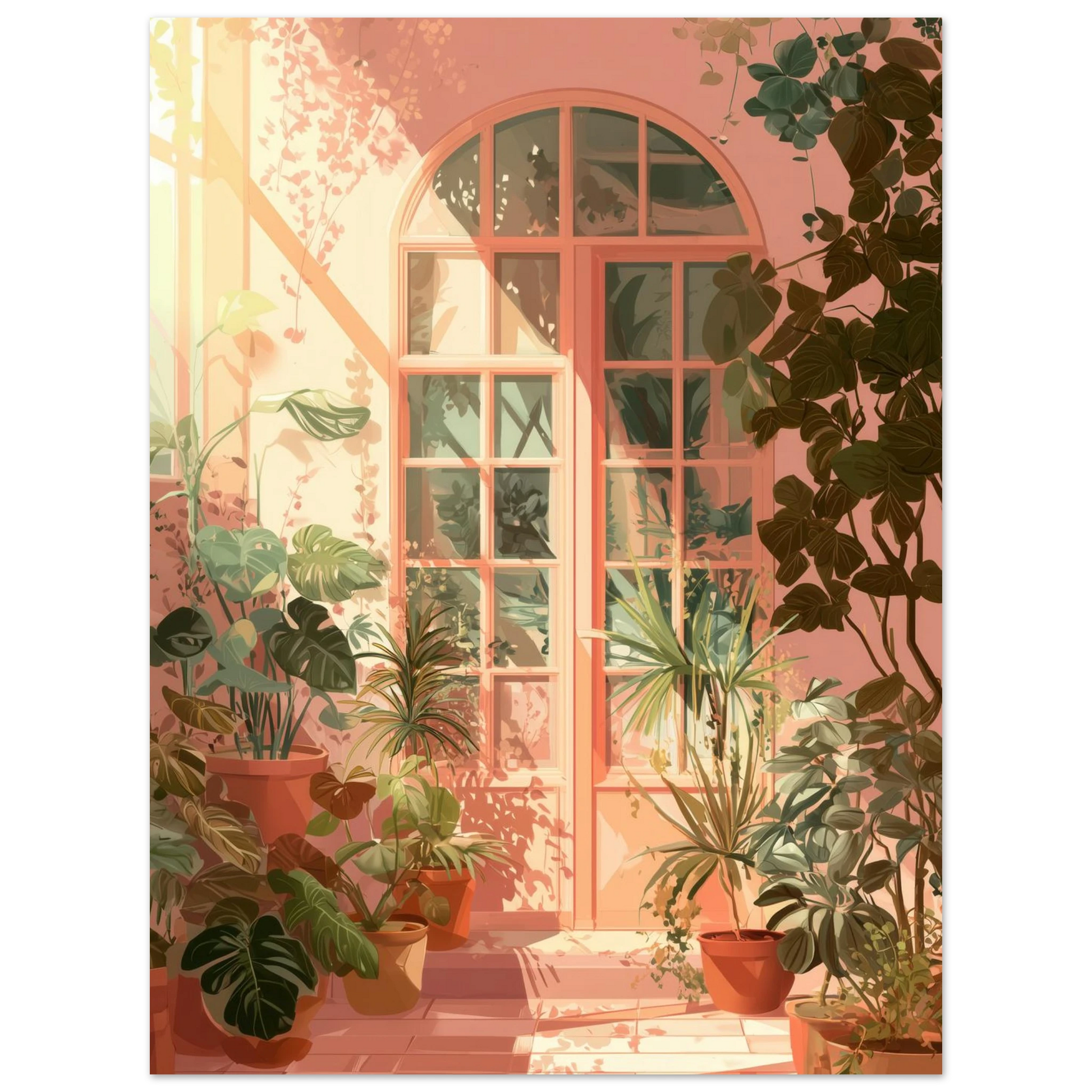 Affiche murale, pour celles et ceux qui aiment les ambiances natures.
Plantes en pot, lumière chaude, teintes pastel : une scène d’intérieur apaisante et vivante, parfaite pour amener du vert dans votre intérieur. 
