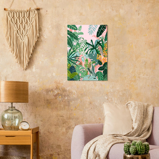 Affiche murale illustrant un forêt dense de feuillages tropicaux.
Palette pastel, tons de roses et verts, composition plane, traitement stylisé.

Un visuel décoratif, coloré, pour structurer un mur avec force et contraste.


Imprimée à la demande sur papier mat 170 g/m² (0,19 mm), issu de forêts gérées durablement (certifié FSC ou équivalent).

Formats standards, prêts à encadrer.