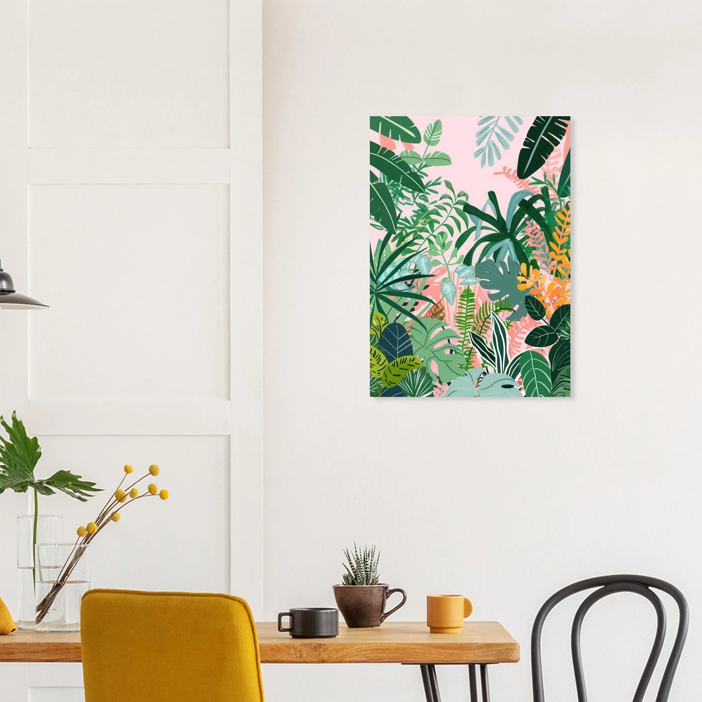 Affiche murale illustrant un forêt dense de feuillages de la jungle.
Palette aux tons doux de roses et verts, composition plane, traitement stylisé.

Un visuel déco, coloré, pour structurer un mur avec force et contraste.


Imprimée sur papier mat 170 g/m² (0,19 mm), issu de forêts gérées durablement (certifié FSC ou équivalent).

Formats standards, prêts à encadrer.