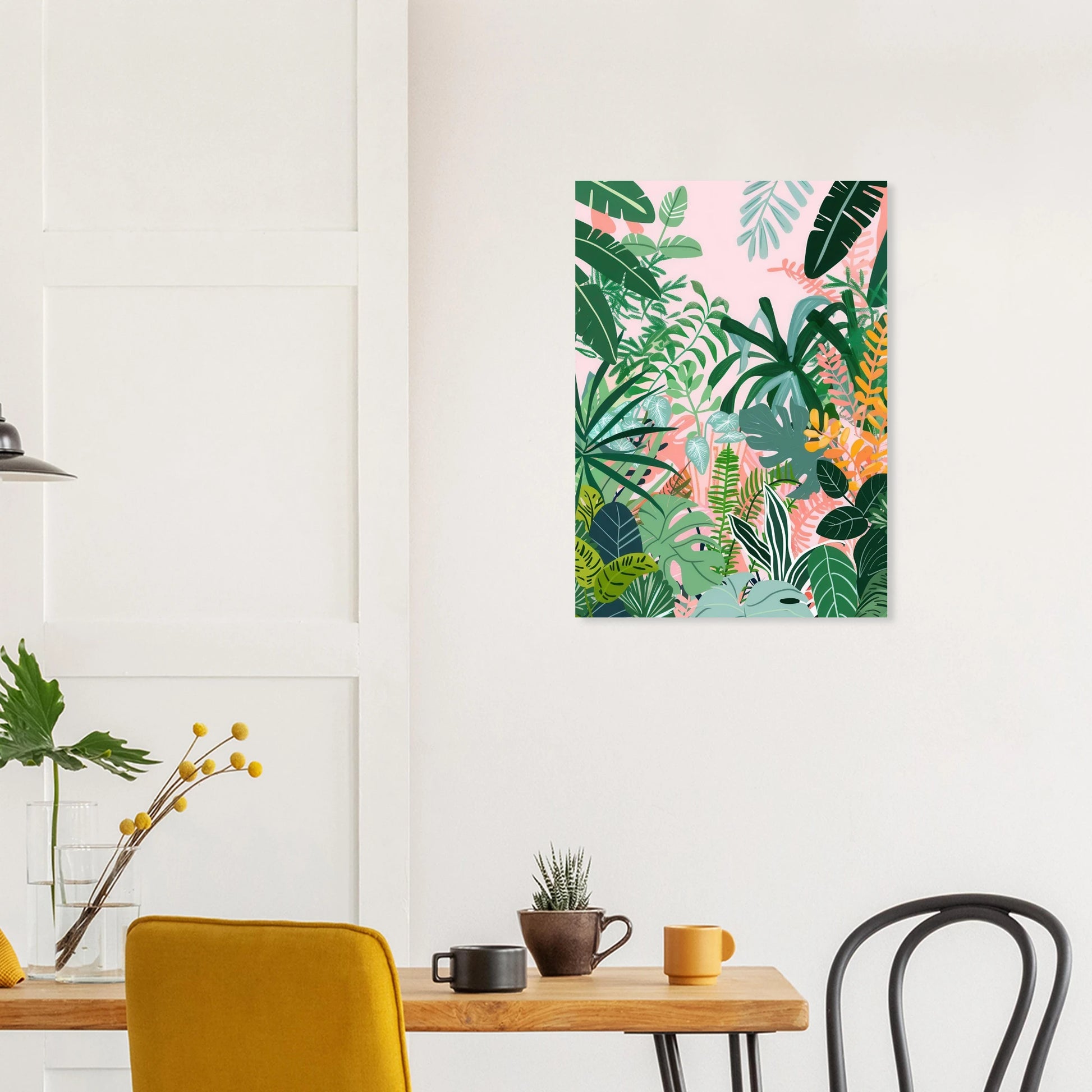 Affiche murale illustrant un forêt dense de feuillages de la jungle.
Palette aux tons doux de roses et verts, composition plane, traitement stylisé.

Un visuel déco, coloré, pour structurer un mur avec force et contraste.


Imprimée sur papier mat 170 g/m² (0,19 mm), issu de forêts gérées durablement (certifié FSC ou équivalent).

Formats standards, prêts à encadrer.