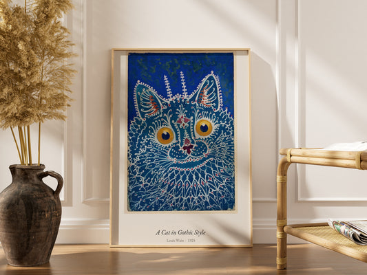 A Cat in Gothic Style, Louis Wain | Affiche Art Premium, affiche encadrée dans un intérieur élégant, cadre bois clair