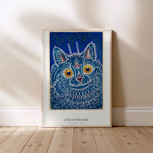 A Cat in Gothic Style, Louis Wain | Affiche Art Premium, affiche encadrée posée au sol, cadre bois clair