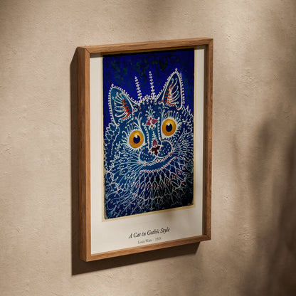 A Cat in Gothic Style, Louis Wain | Affiche Art Premium, affiche dans un cadre en chêne posé de biais sur un mur texturé