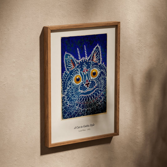 A Cat in Gothic Style, Louis Wain | Affiche Art Premium, affiche dans un cadre en chêne posé de biais sur un mur texturé