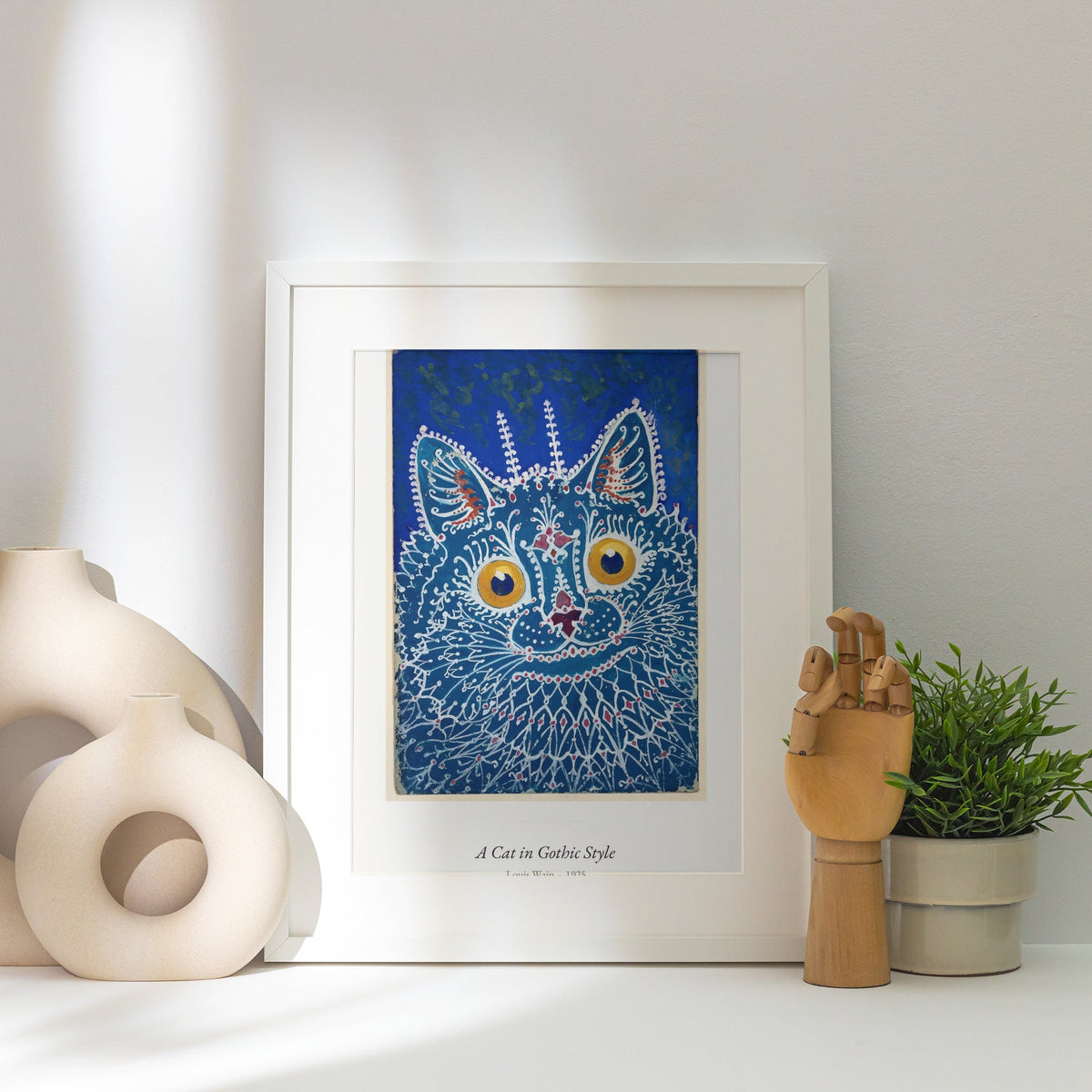A Cat in Gothic Style, Louis Wain | Affiche Art Premium, affiche encadrée posée près d'un vase blanc, lumière rasante