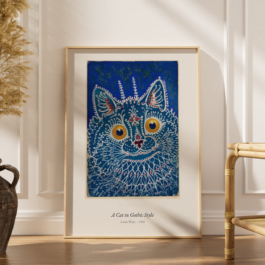 A Cat in Gothic Style, Louis Wain | Affiche Art Premium, affiche encadrée dans un intérieur élégant, herbes séchées et chaise