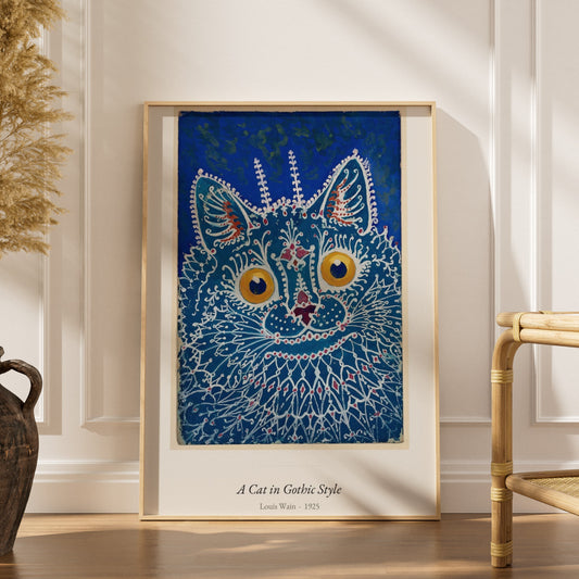 A Cat in Gothic Style, Louis Wain | Affiche Art Premium, affiche encadrée dans un intérieur élégant, herbes séchées et chaise