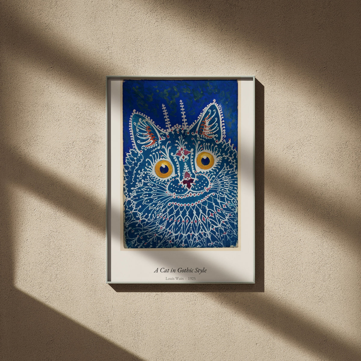 A Cat in Gothic Style, Louis Wain | Affiche Art Premium, affiche encadrée sur un mur beige, ombres de fenêtre