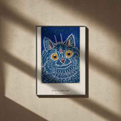 A Cat in Gothic Style, Louis Wain | Affiche Art Premium, affiche encadrée sur un mur beige, ombres de fenêtre