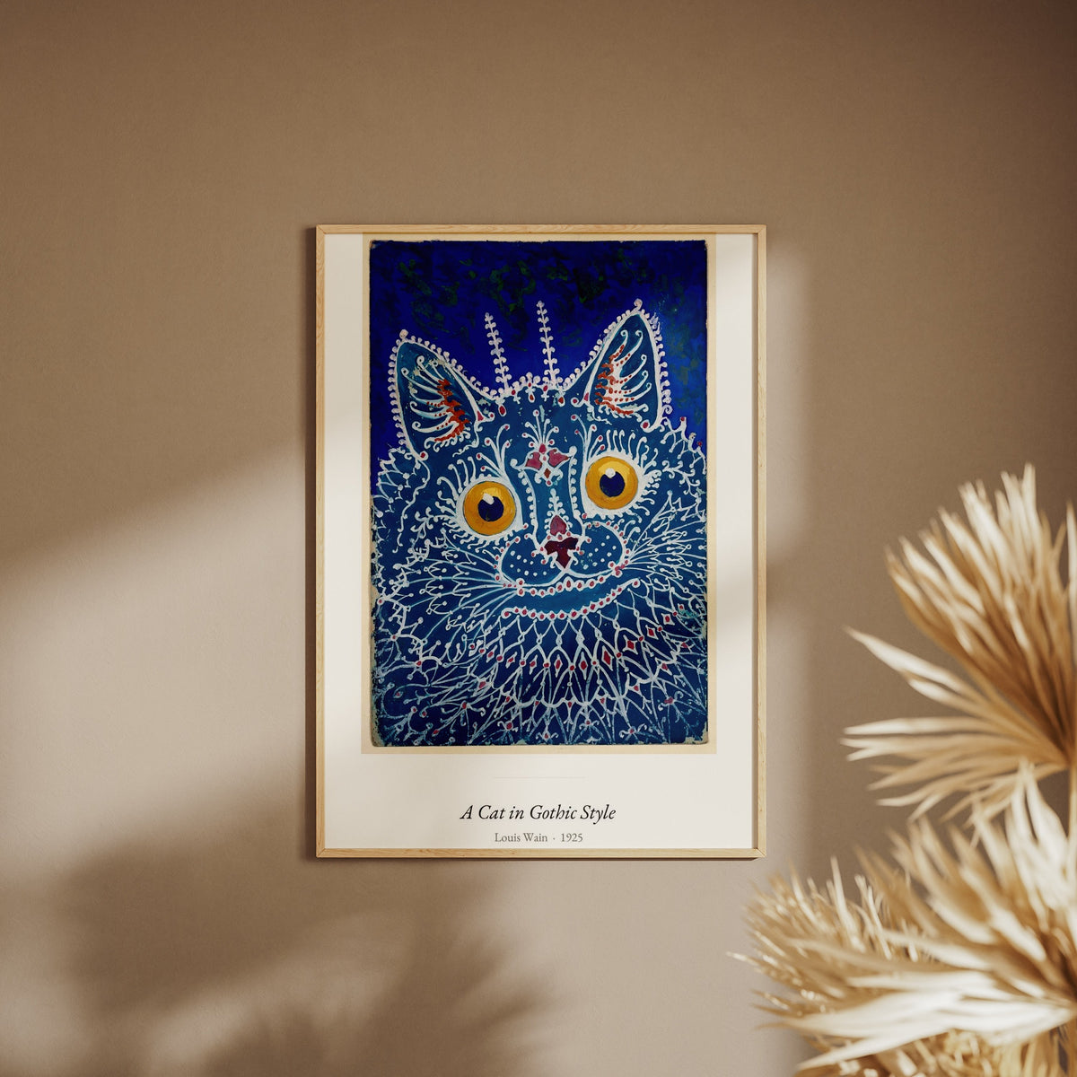 A Cat in Gothic Style, Louis Wain | Affiche Art Premium, affiche encadrée sur un mur beige, pampas au premier plan