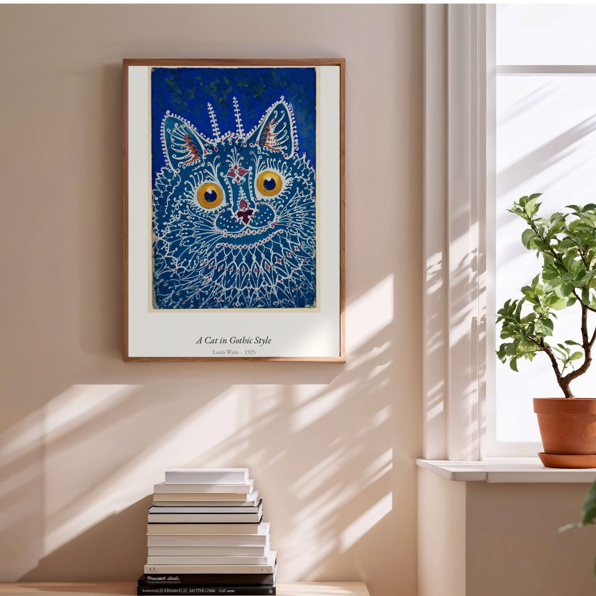 A Cat in Gothic Style, Louis Wain | Affiche Art Premium, affiche encadrée au-dessus d'une pile de livres