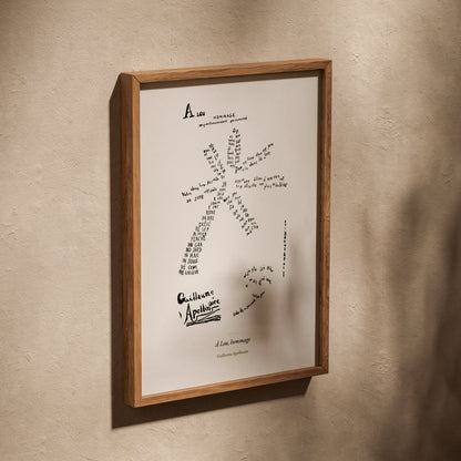 À Lou, hommage - Apollinaire - Affiche Calligramme Étoile, affiche dans un cadre en chêne posé de biais sur un mur texturé